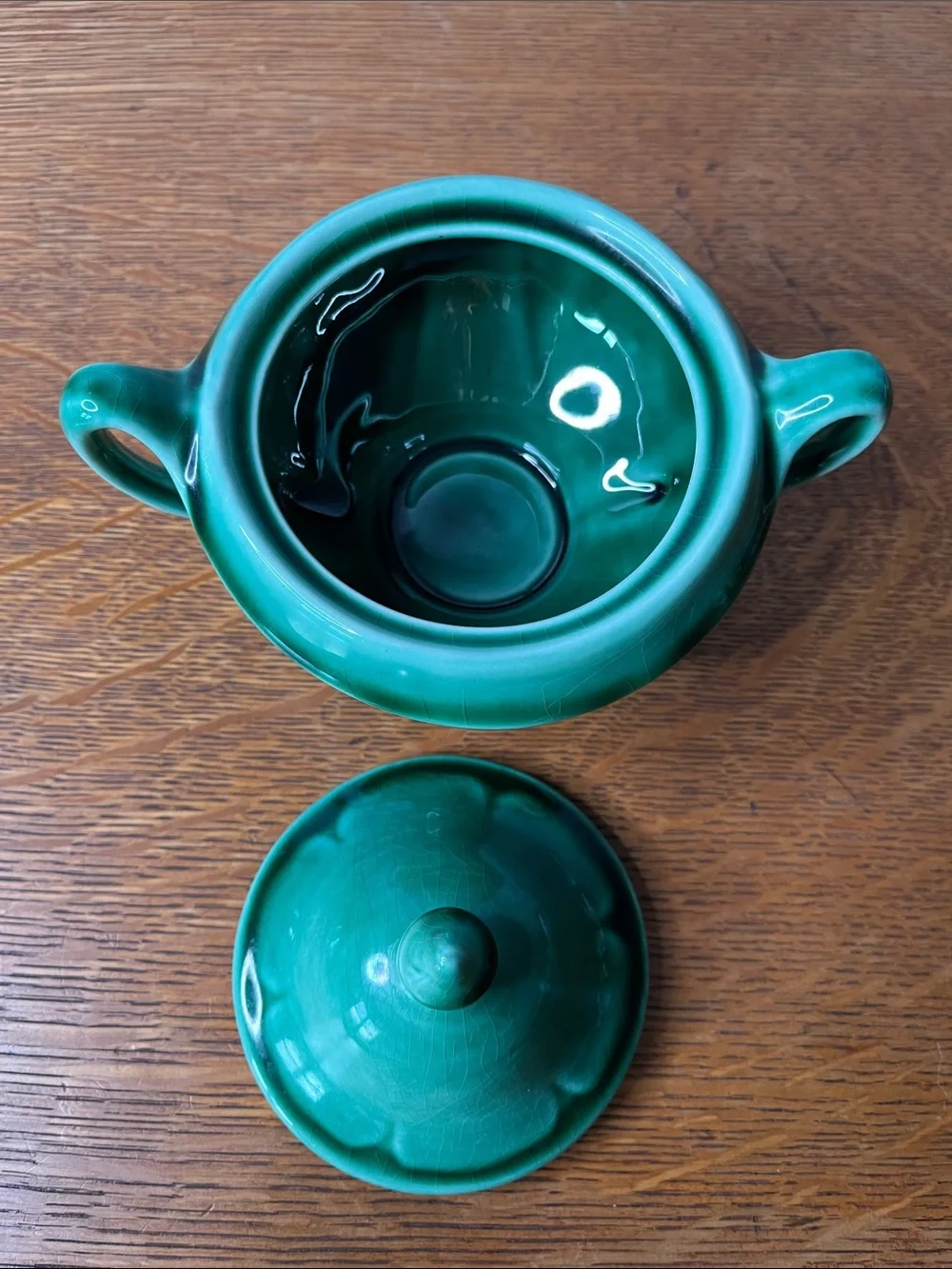 Vintage USA Green Pottery Covered Sugar Bowl. Emerald Glaze  Pedestal Candy Dish